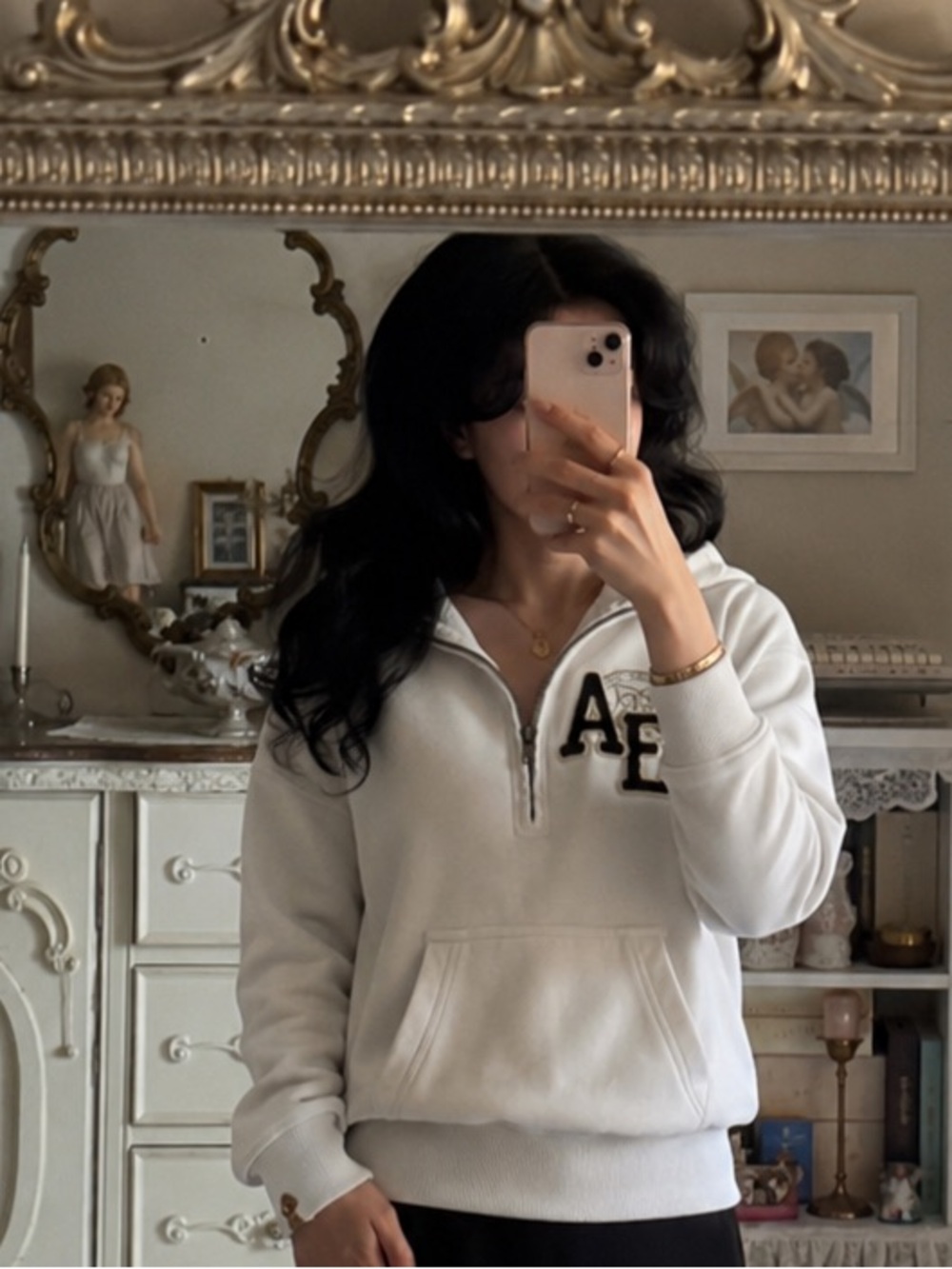 American Eagle Outfitters Cream Half-Zip Hooded Pullover